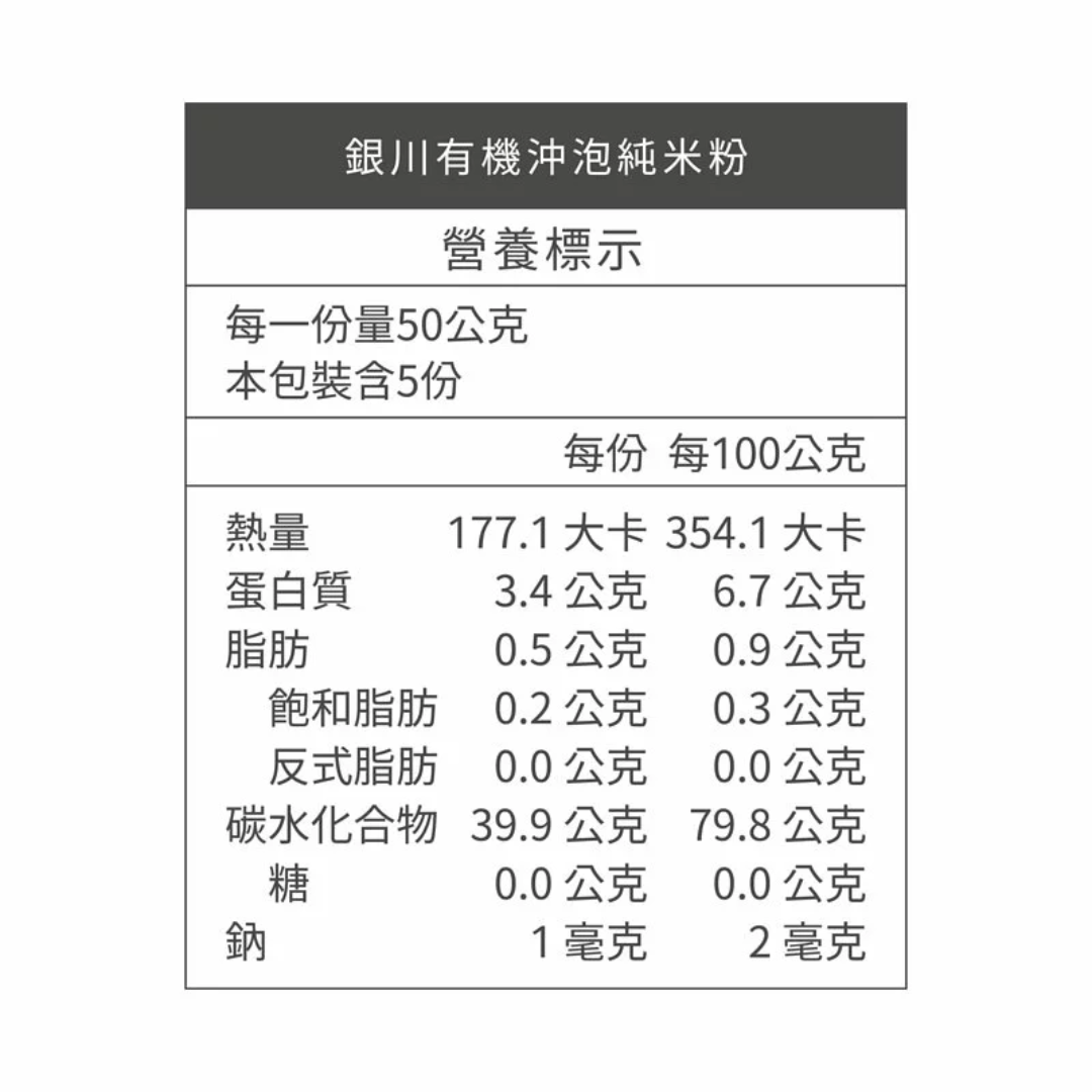 Nutritional label for a Yin Chuan rice noodle with text in Chinese