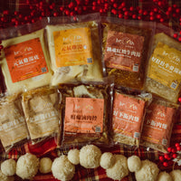 Assorted packages of beef jerky on a festive background with red berries and snowflakes.