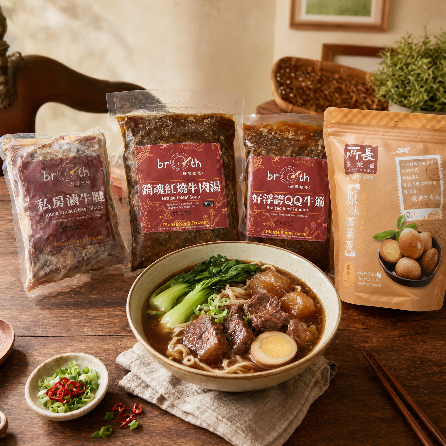 BROTH Beefy Braise & Broth Set with braised beef shank, beef soup, beef tendon, Sheriff’s tea eggs, and Taiwanese beef noodle soup