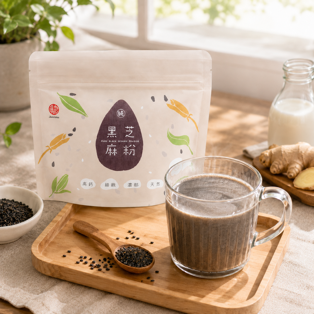 Jen Lau Pure Black Sesame Powder with prepared black sesame drink, sesame seeds, milk, and ginger