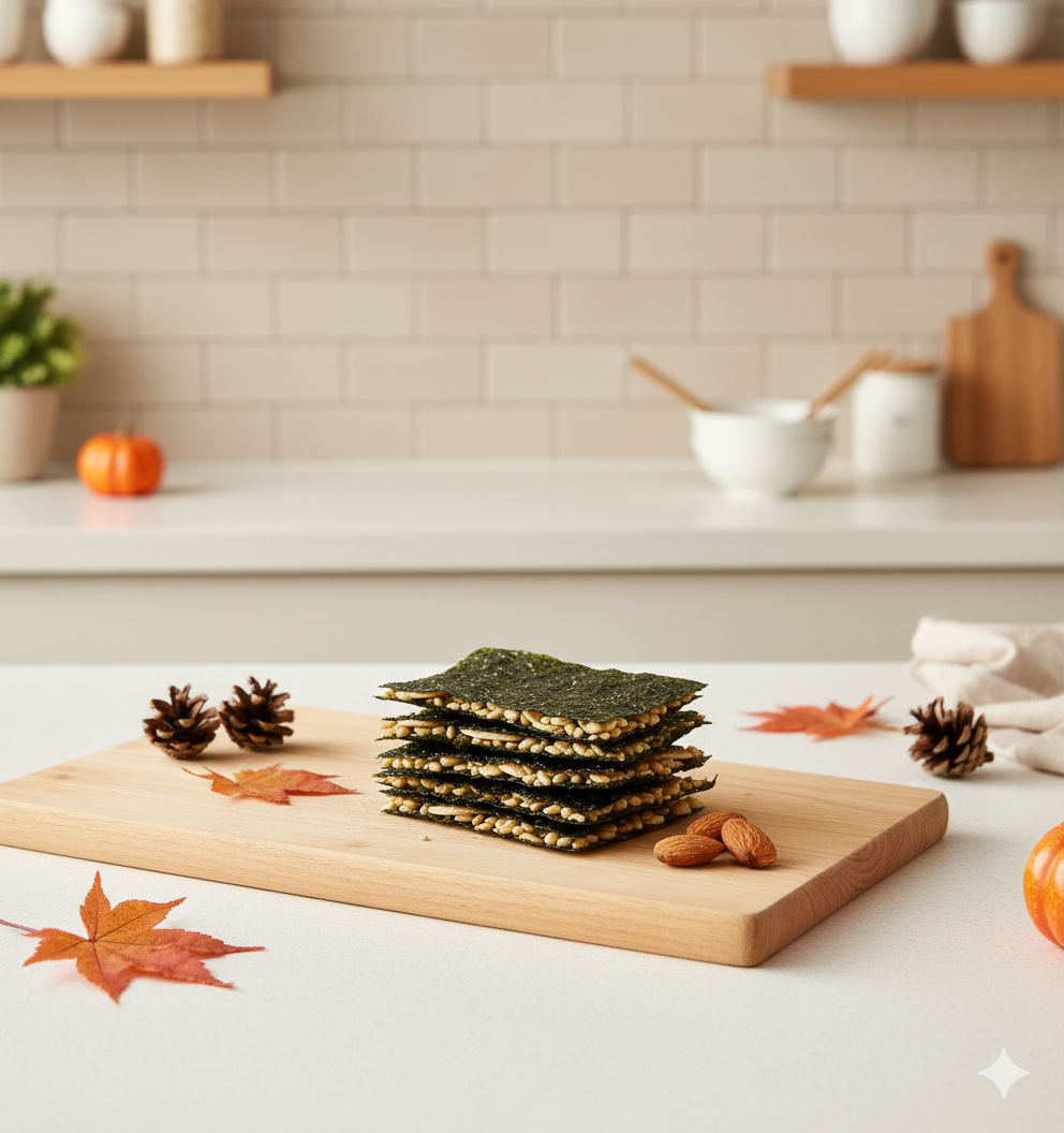 A stack of crispy seaweed almond chips neatly arranged on a wooden board, surrounded by autumn leaves, pinecones, and almonds on a bright kitchen countertop with soft seasonal decor in the background.