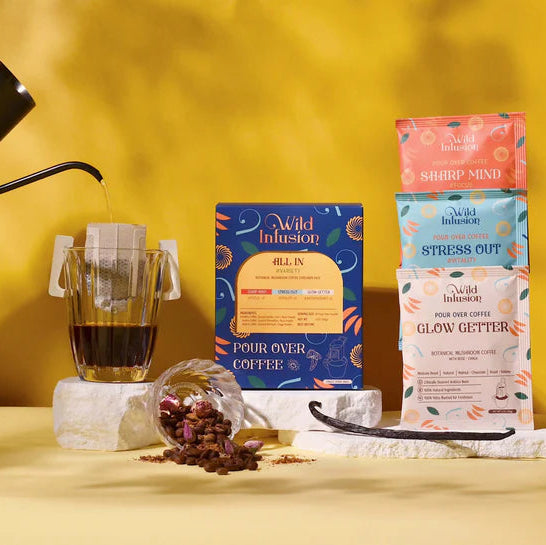 Wild Infusion coffee packaging with a coffee brewing process on a yellow background