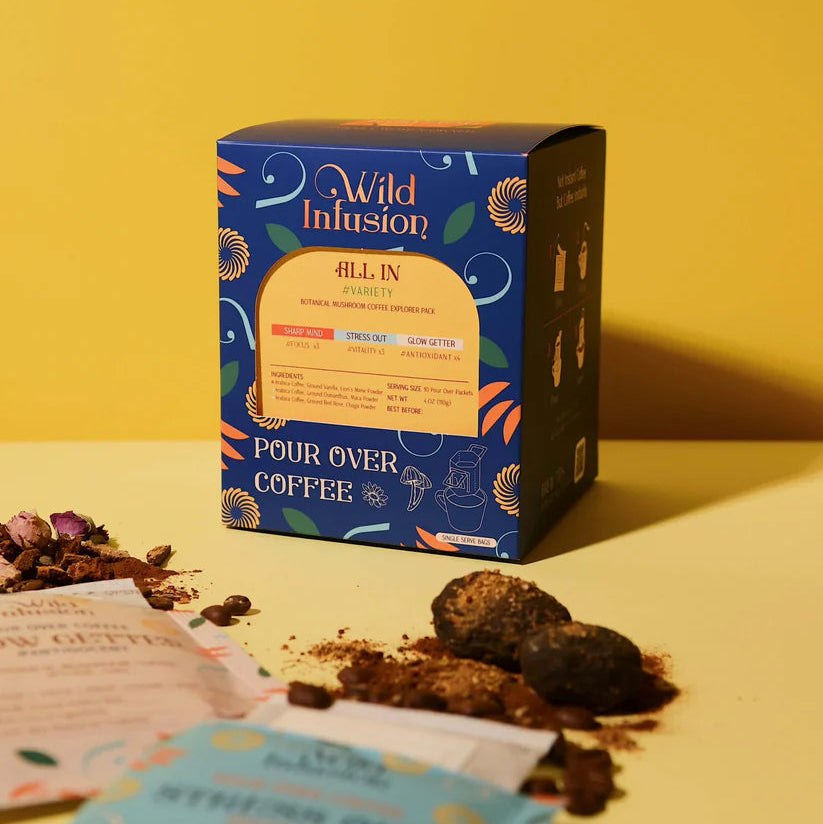 Box of Wild Infusion pour over coffee on a yellow background
