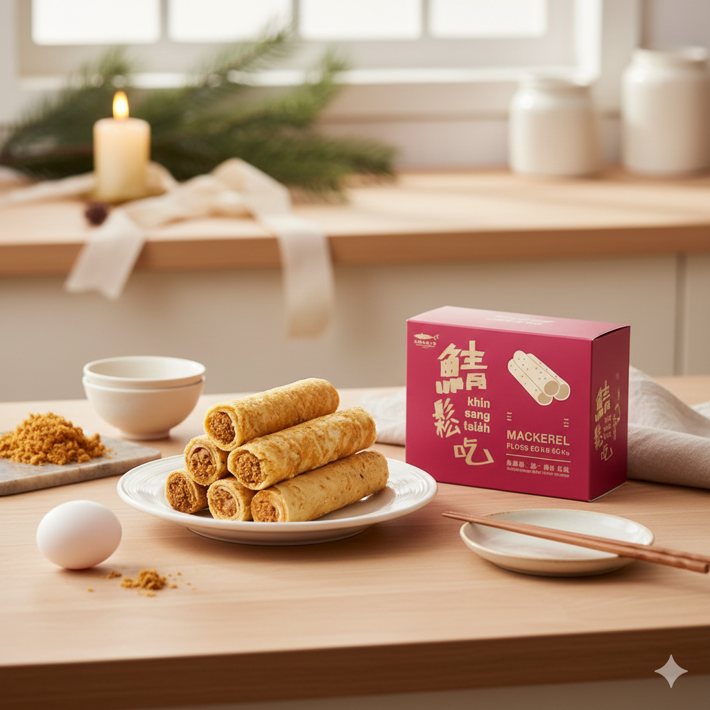 Roll cakes on a plate with a pink box labeled 'Mackerel' in a kitchen setting.