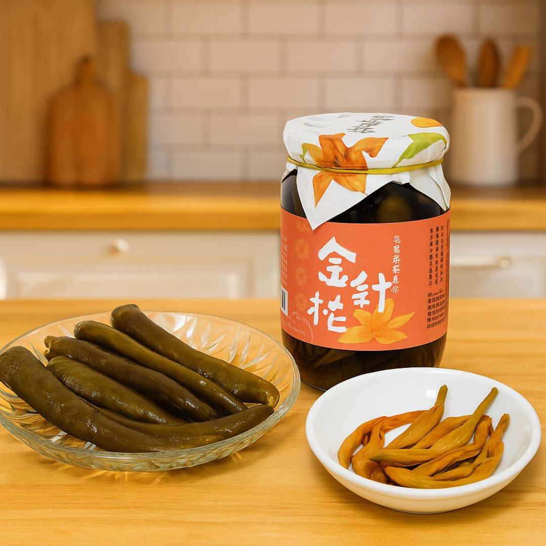 A jar of Sheng Guo Mi To peeled chili pepper with daylily and plum sits on a wooden kitchen table, accompanied by a glass dish of whole peeled chilies and a small bowl of marinated daylily flowers.