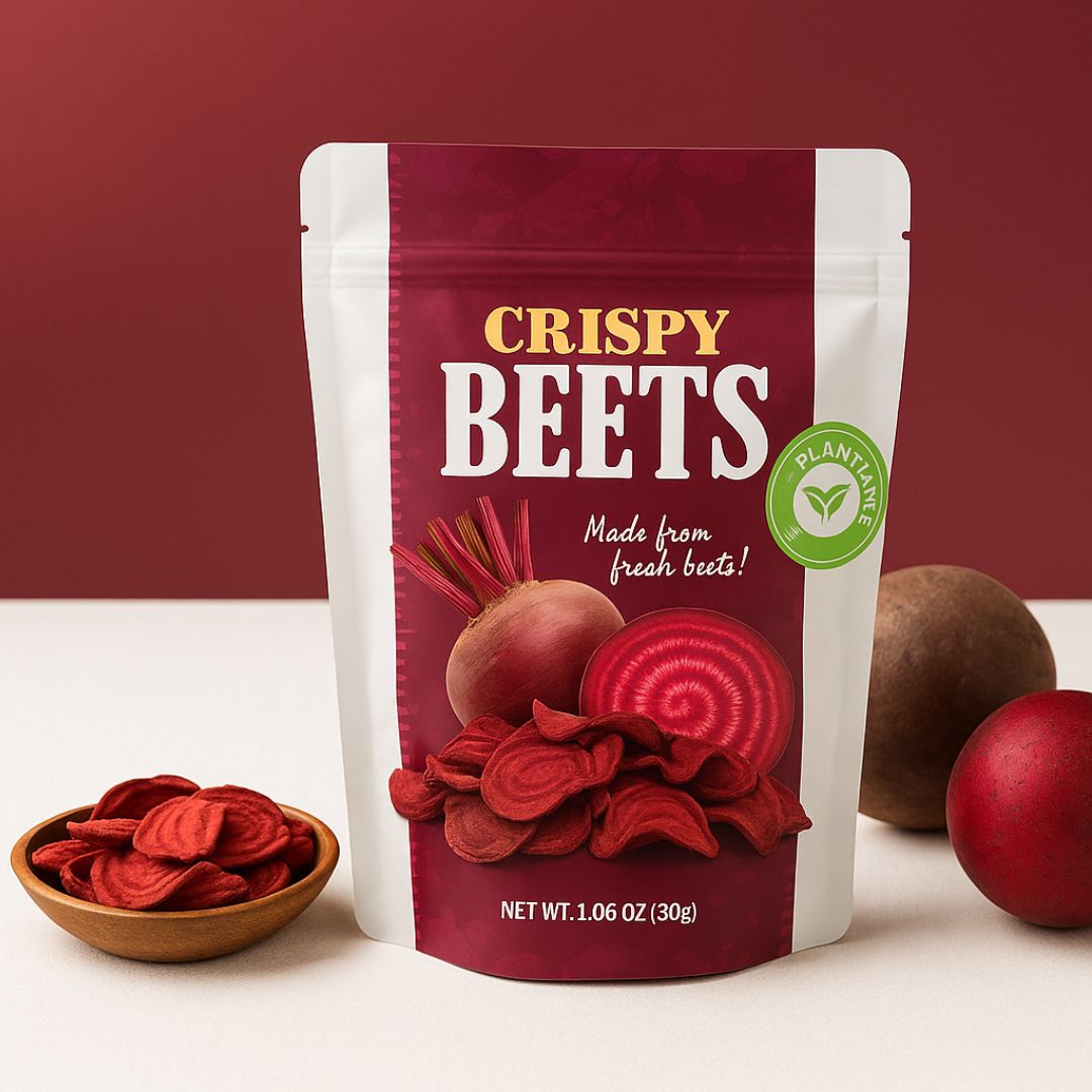 Bag of Crispy Beets with packaging design and ingredients displayed.