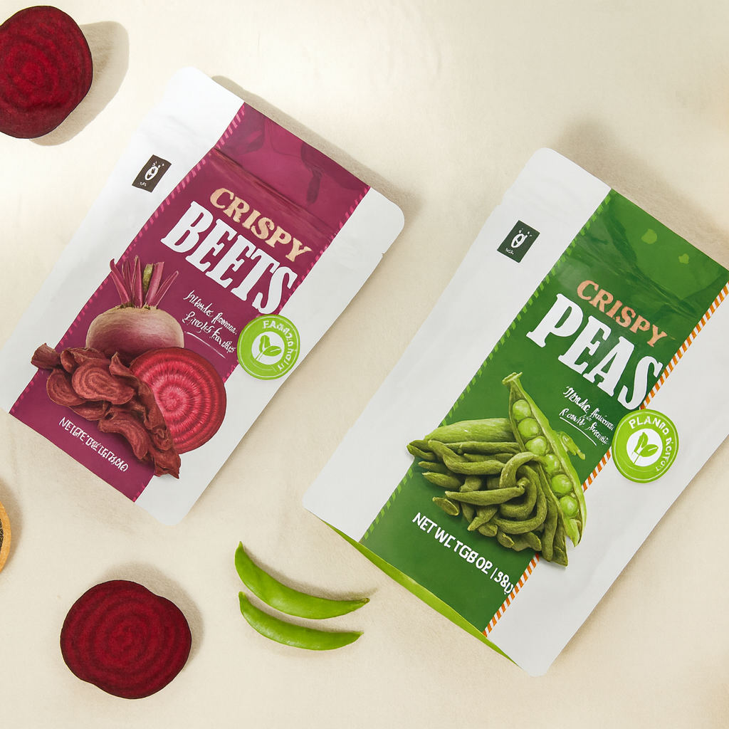 Two packages of 'Crispy Beets' and 'Crispy Peas' on a light background with vegetables around.