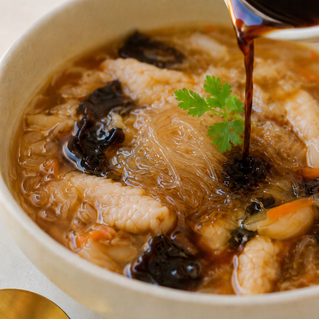 Imperial Squid Plant-Based Shark Fin Soup with black vinegar being poured over translucent plant-based fin, squid paste pieces, wood ear mushrooms, bamboo shoots, and cilantro garnish.