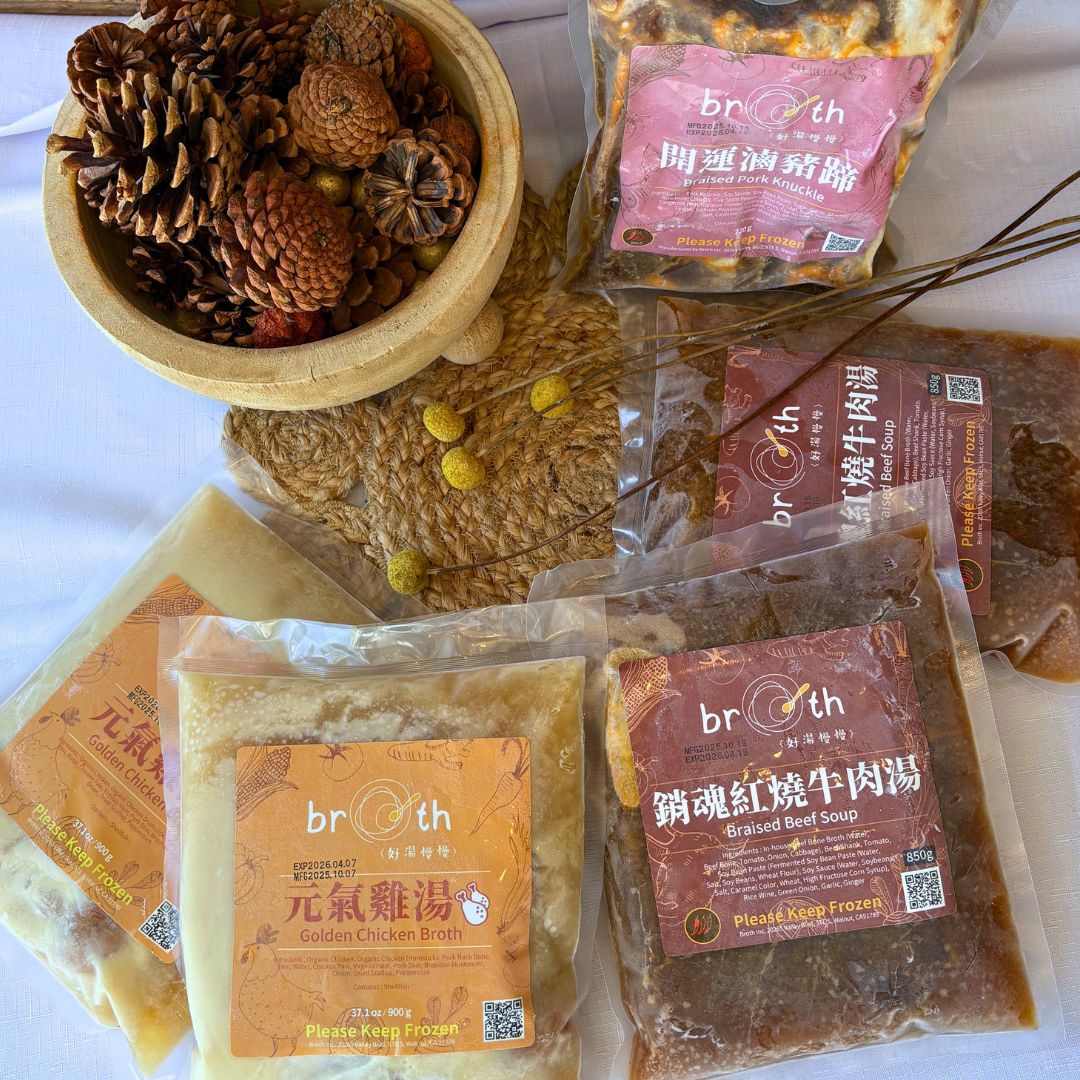 Thanksgiving Hearty Feast Set featuring Golden Chicken Broth, Braised Beef Soup, and Braised Pork Knuckle, styled with pinecones and rustic fall textures.