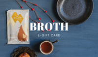 Broth e-gift card with a cup of chicken essence and package on a blue background