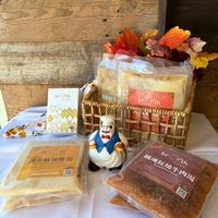 Full Thanksgiving Soup & Comfort Set with Chicken Essence, soup bases, and choice of Sesame Oil Chicken or Braised Beef Soup, styled with autumn leaves.