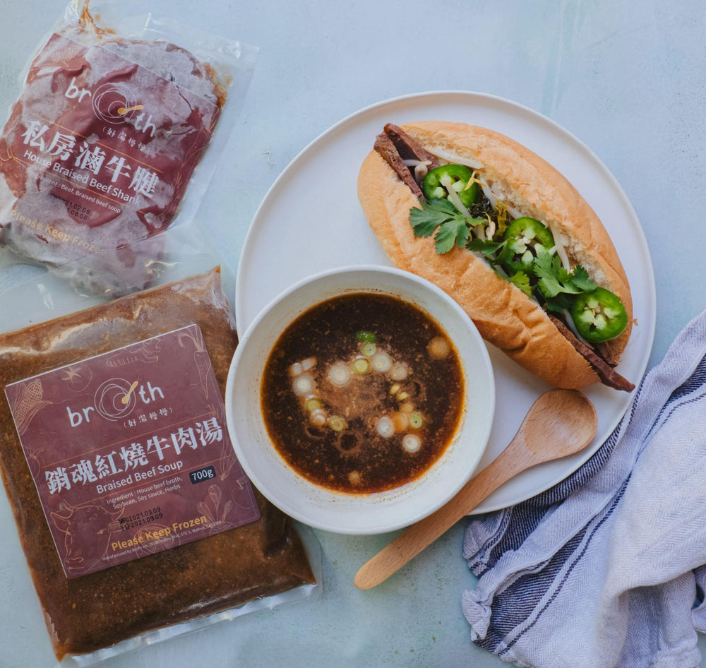 Braised Beef Soup with sandwiches